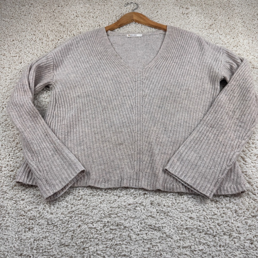 Marine Layer V-Neck Sweater Women Size L Tan Ribbed Cashmere Blend 12912 EX